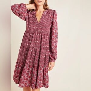 Maeve Anthropologie Tiered Tunic Dress Size XSmall Burgundy Summer Fall V-neck